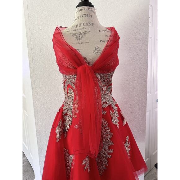 GLS Apparel USA Inc. Women's Red Tull  Strapless Dress W/Gold Sequins Size XS - Picture 3 of 7